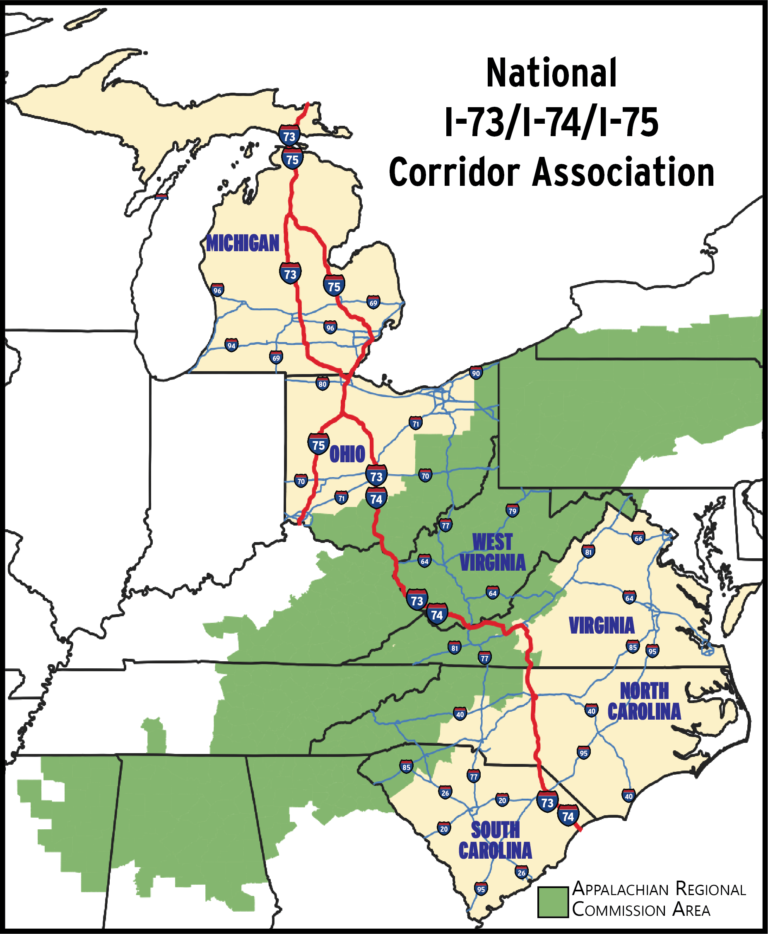 a map highlighting I-73, I-74, & I-75 in Michigan, Ohio, West Virginia, Virginia, North Carolina, & South Carolina