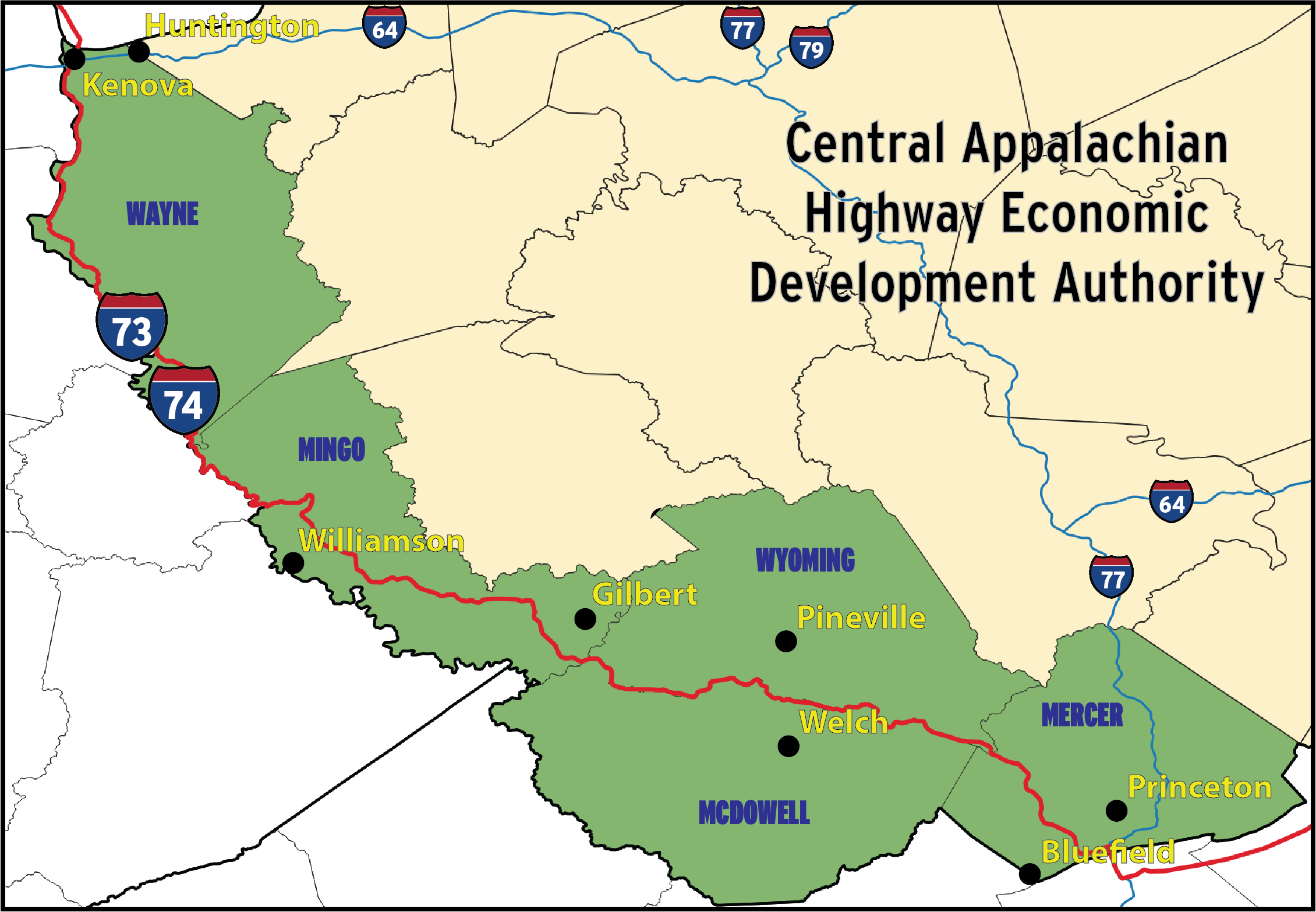 A map labeled with "Central Appalachian Highway Economic Development Authority", highlighting Wayne, Mingo, Wyoming, McDowell, and Mercer counties.